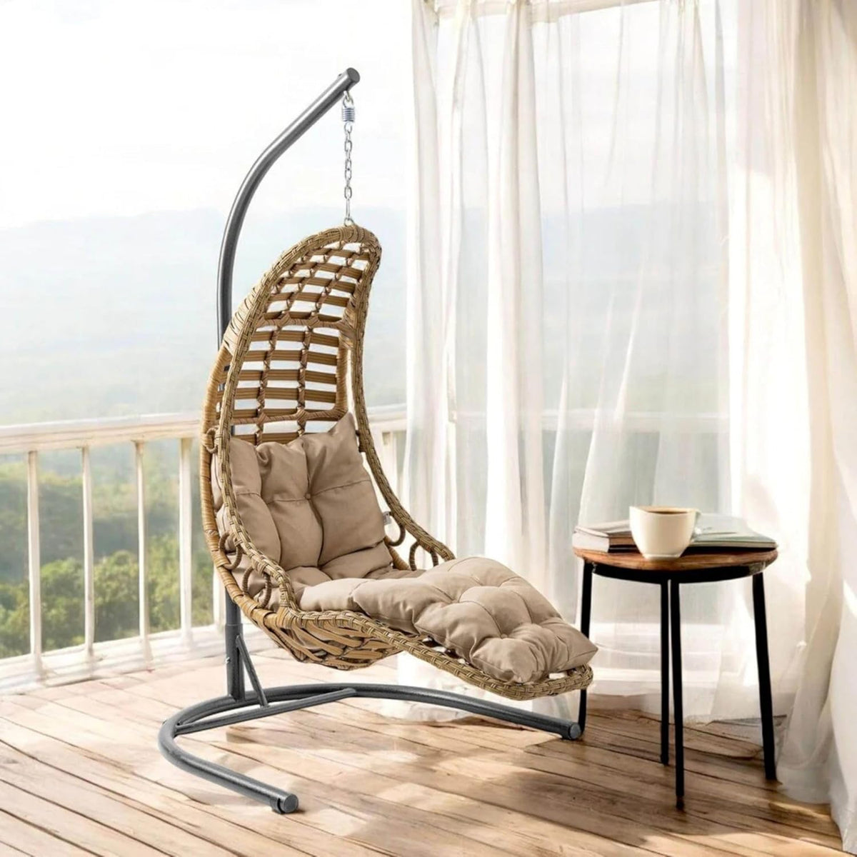 Hängesessel mit Gestell & Kissen Handgeflechtet Hängestuhl Rattan Hängematte Hängekorb Garten Balkonmöbel Hängeschaukel Bodrum (Hellbraun)