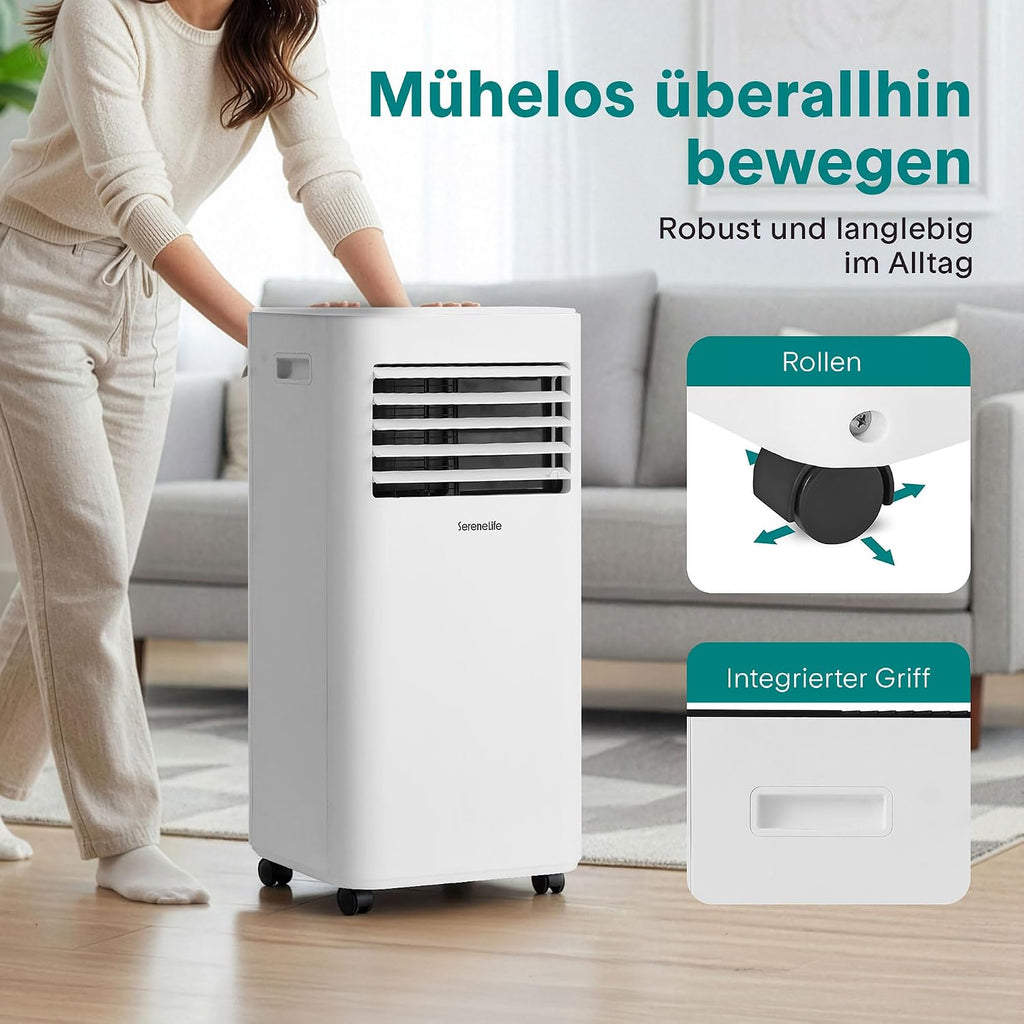SereneLife Weiß Mobiles Klimagerät 9000 BTU 2,64kW für 28 m² – Air Conditioner mit Abluftschlauch, 3-in-1 mit Entfeuchter und Ventilator, Leise 54 dB, inkl. Fensterkit und Fernbedienung