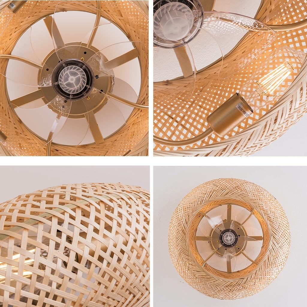 Deckenventilator Mit Beleuchtung Bambus Retro Boho 50CM Leise DC Motor Und Fernbedienung Vintage E27 Rattan Schlafzimmer Ventilator Fan Deckenlampe Wohnzimmer Esszimmer Lüfter Deckenleuchte