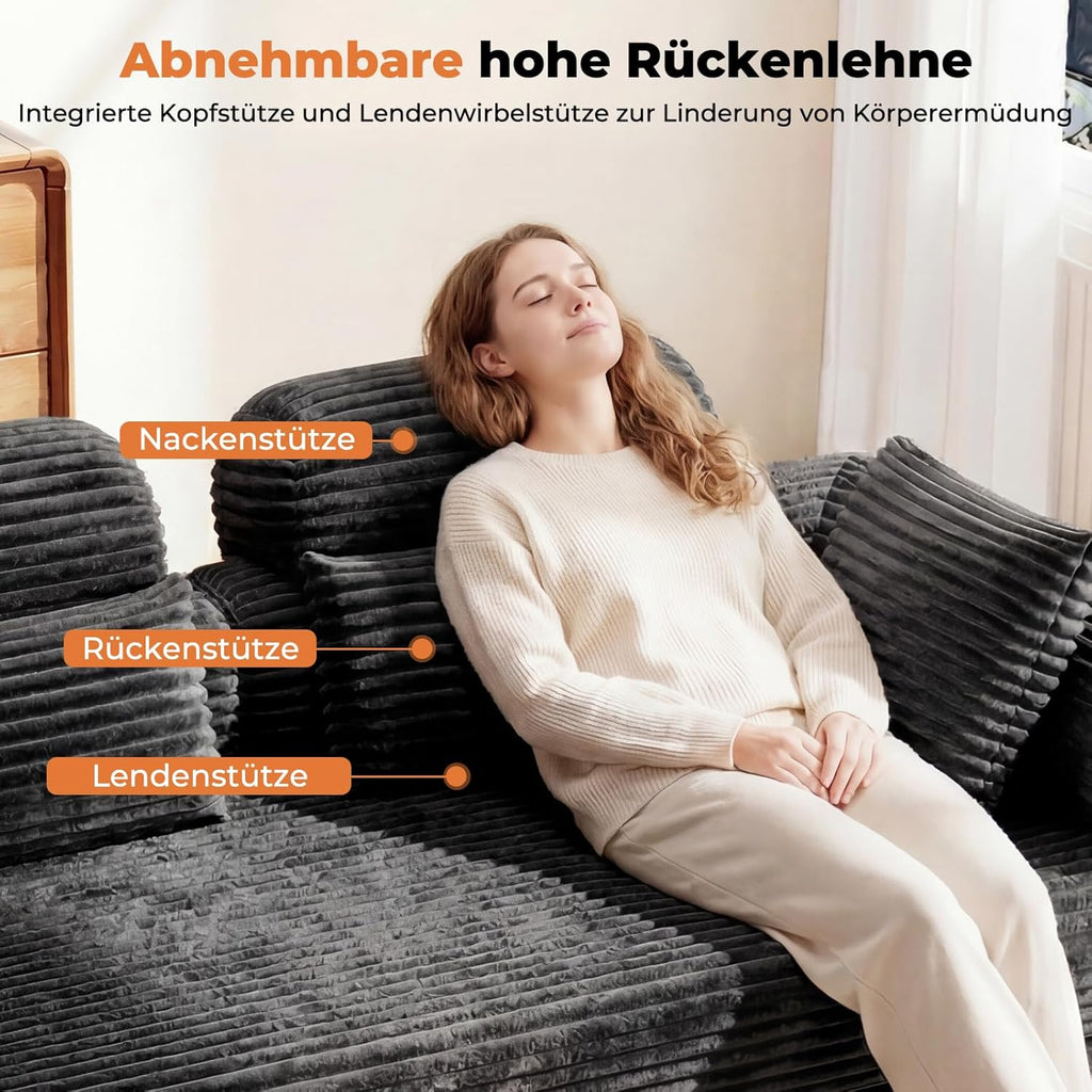 HOMRELEXA Schlafsofa 200cm Breit, Boneless Couch, Bodensofa Bed mit Hohe Rückenlehne, Abnehmbare Integrierte Kopf- und Lendenstütze, 2 Zierkissen, Seitentasche, Cord Sofa mit schlaffunktion, Grau | Hohe Rückenlehne, 2 Zierkissen, Abnehmbare Armlehnen