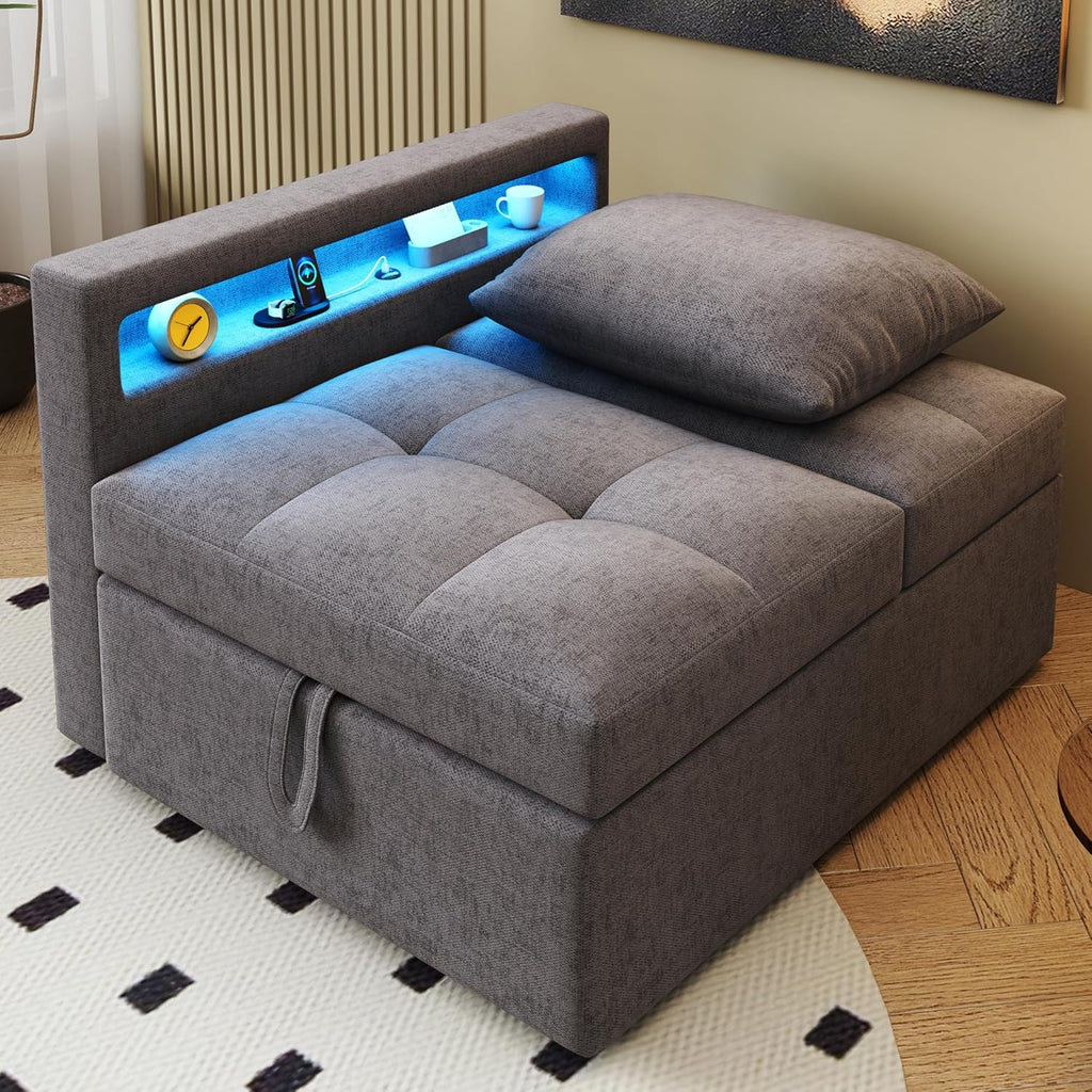 Polsterbett Schlafsofa 3 in 1 Multifunktions-Schlafsofa, Leinenstoffsofa mit Verstellbarer Rückenlehne, Die Armlehne verfügt über LED-Lichtleisten und USB-/Typ-C-Anschlüsse (Dunkelgrau)