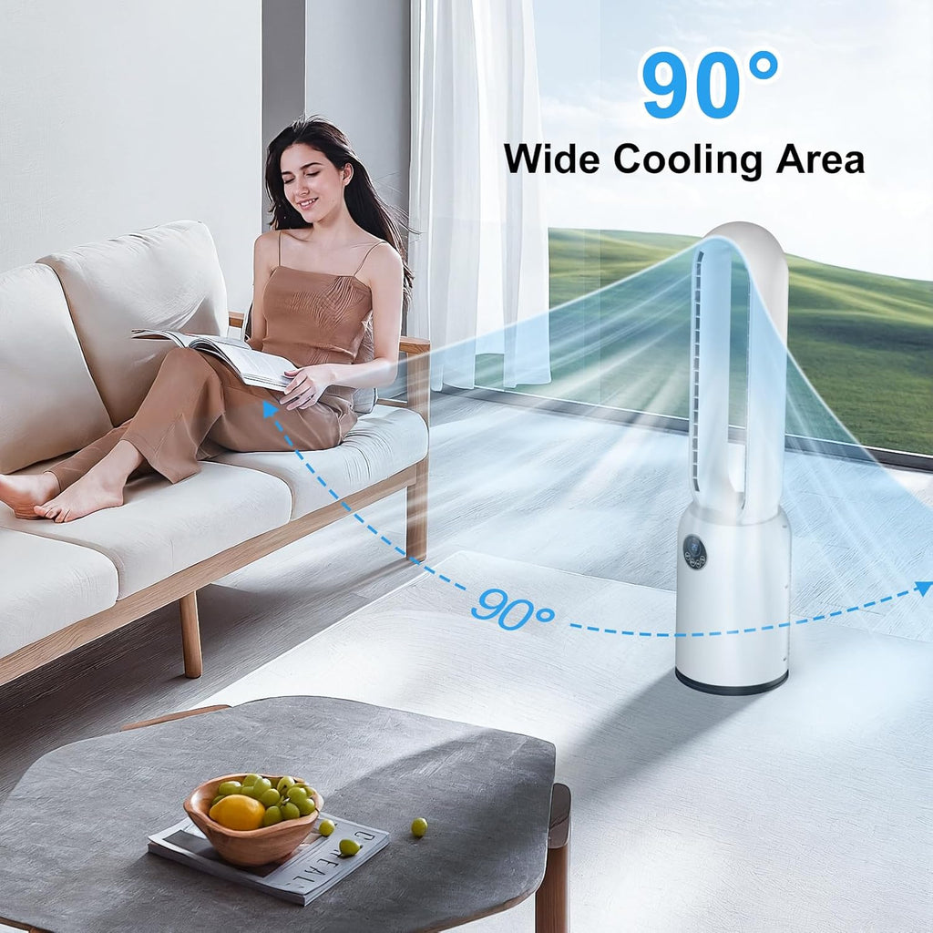 Turmventilator ohne Flügel 88cm – geräuschloser Standventilator mit 55W Motor, LED-Touchscreen & Fernbedienung, 12-Stunden-Timer, 90° oszillierend für Schlafzimmer & Büro (Weiß)
