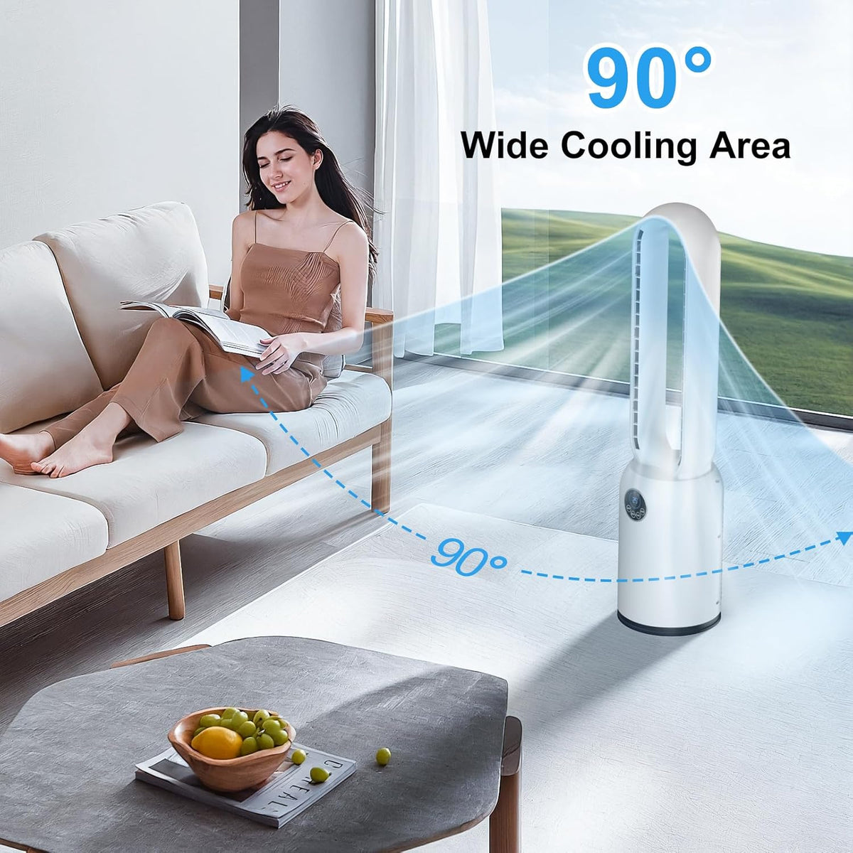 Turmventilator ohne Flügel 88cm – geräuschloser Standventilator mit 55W Motor, LED-Touchscreen & Fernbedienung, 12-Stunden-Timer, 90° oszillierend für Schlafzimmer & Büro (Weiß)