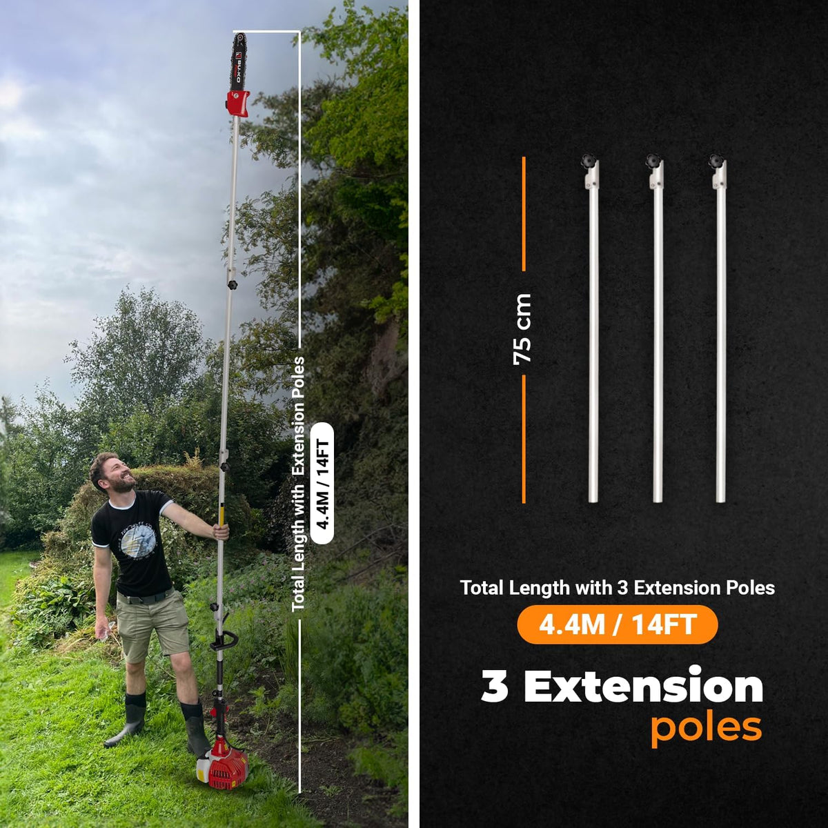 BU-KO Benzin-Heckenschere und Gartensäge mit 52 cc Langer Reichweite, mit 3 x 75 mm Verlängerungsstange, Ultimatives Gartenwerkzeug für präzises Schneiden