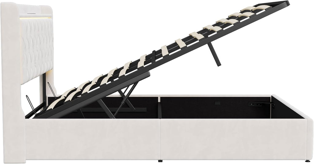 Bett 140x200 mit stauraum, Polsterbett mit LED-Kopfteil, Doppelbett mit USB und Lattenrost, Hydraulischem Stauraum und Metallrahmen, Jugendbett, Bettgestell, Boxspringbett, Samt Beige, Ohne Matratze