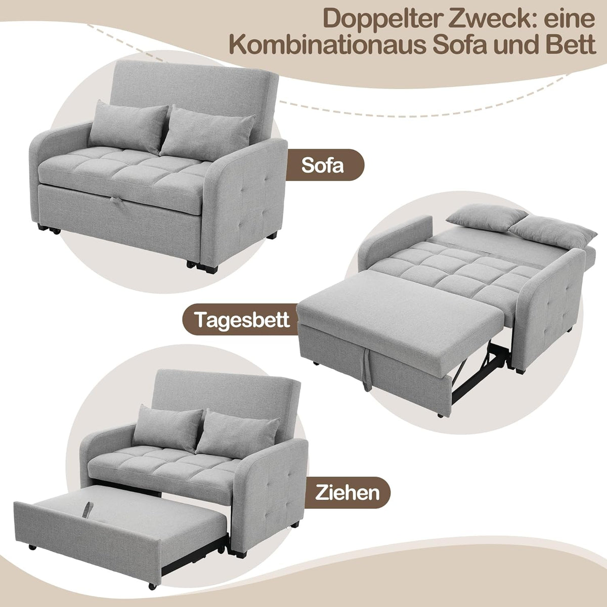 Zweisitzer Sofa mit Schlaffunktion, Verstellbares Rückenteil Sofa, klappsofa mit schlaffunktion, Komfort SofaBett für kleine Wohnungen Studentenwohnheime, 127x75 cm, Dunkelgrau