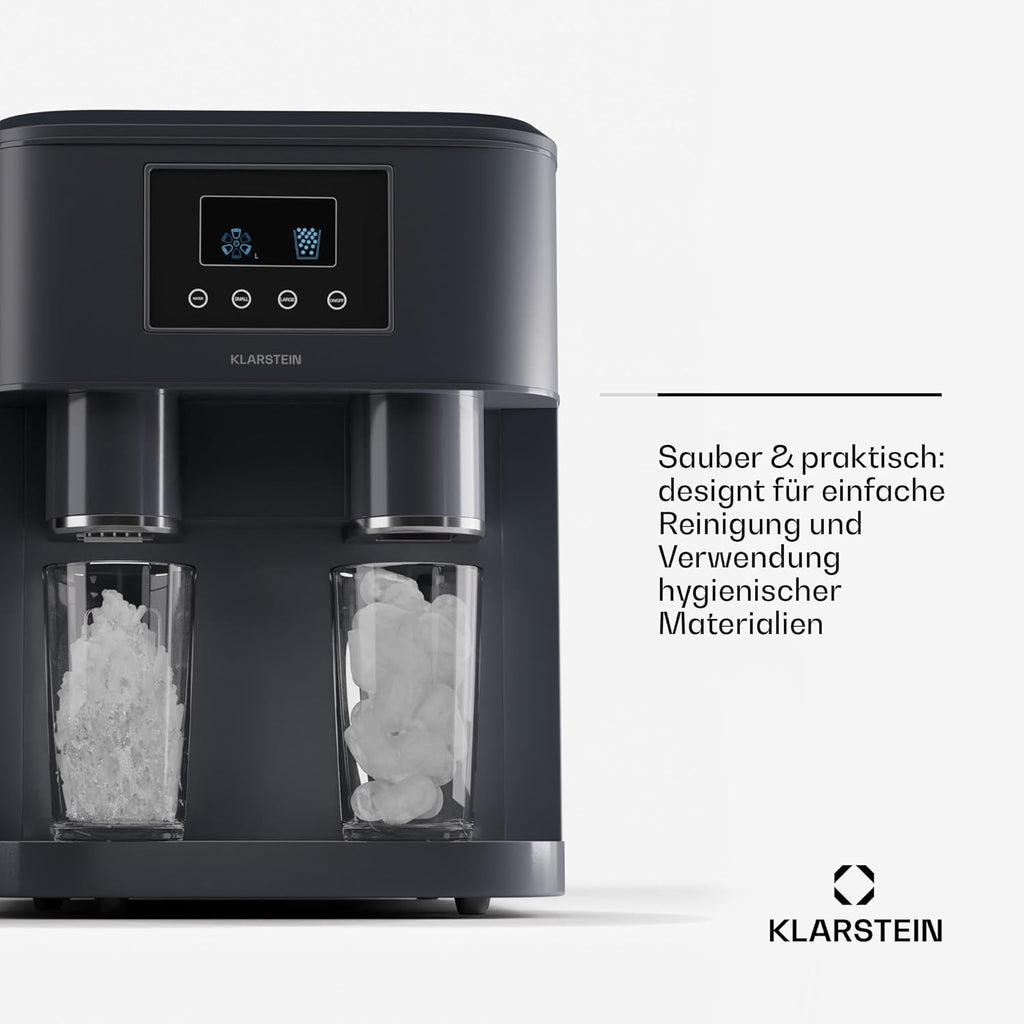 Klarstein Eiswürfelmaschine für Zuhause Camping Gastro, Schnelle Mini-Eiswürfelmaschine Klein, Profi Eismaschine für Crushed Eis, Große  und  Kleine Eiswürfel, 1,8L Wassertank, 15kg Eis in 24h