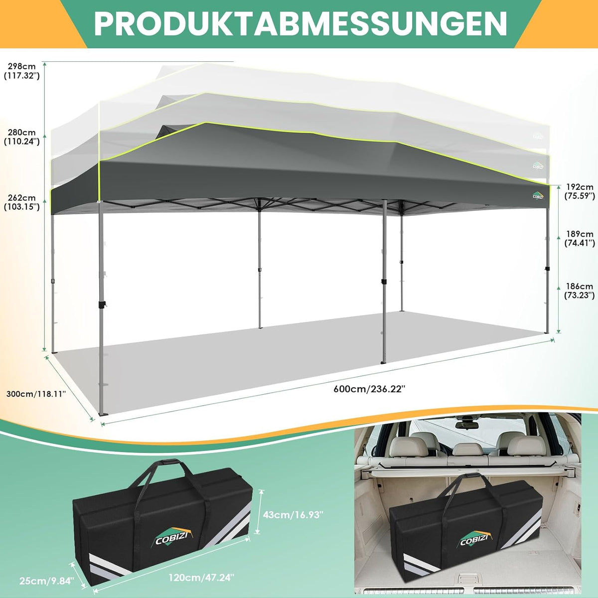 COBIZI Faltpavillon 3x6 Pavillon wasserdicht Winterfest, EIN-Tasten-Zentralverriegelung Partyzelt Faltbar Anti-UV mit Fluoreszierenden Streifen, 6 Seitenwänden, Gartenpavillon für Hochzeiten, Freien