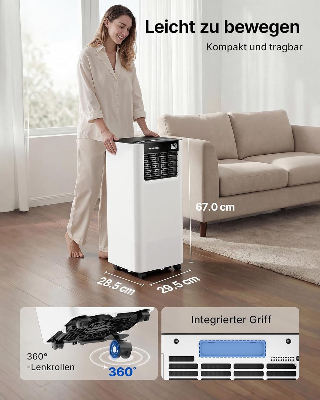Mobile Klimaanlage 9000BTU 2,6Kw mit Abluftschlauch | 3-in-1 Mobiles Klimagerät | Fensterabdichtung | APP-Steuerung + Fernbedienung | Leiser Betrieb