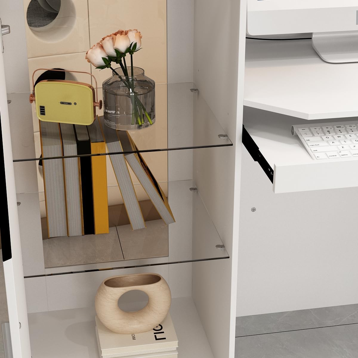 Caldion Empfangstheke mit LED-Beleuchtung,Empfangstresen mit Tatsaturschublade,Rezeptionstheke aus gehärtetem Glas,Empfangstisch mit 2 Schränken,Esszimmer,Büro,Weiß,150x51x103cm