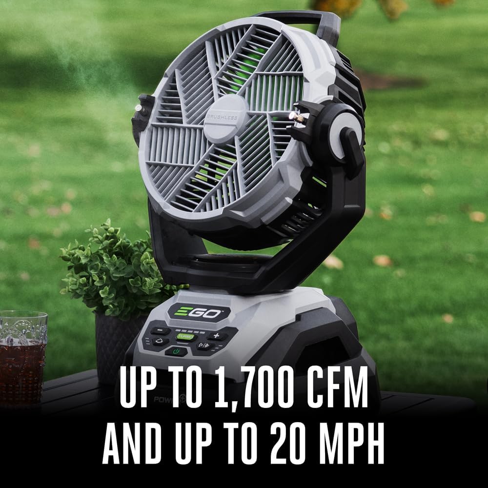 EGO Power+ FN1000 Oszillierender Ventilator mit 6 Geschwindigkeitsmodi, 3 Oszillationsmodi, 3 Nebelmodi, 3 Nebelmodi, Akku und Ladegerät Nicht im Lieferumfang enthalten, 25,4 cm, 1700 CFM, 20 MPH,