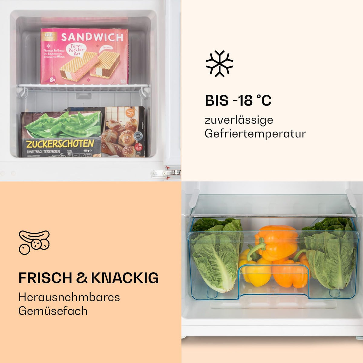 Klarstein Audrey Retro – Retro-Kühl-/Gefrierkombination, Kühl- und Gefrierschrank, Kühlschrank, stufenlos einstellbare Kühlleistung, Innenbeleuchtung, 41 dB Betriebsgeräusch, Schwarz