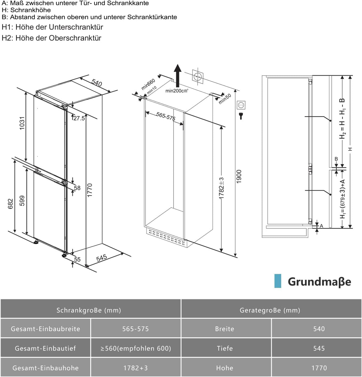 Einbaukühlschrank mit gefrierfach 177 cm hoch x 54 cm breit , 【 Nofrost Plus 】, kühl gefrierkombination einbau 178 kühlschrank | 225 L (181L/44L) | Energieeffizient | 5 hat | Leise | Türs Wechselbar