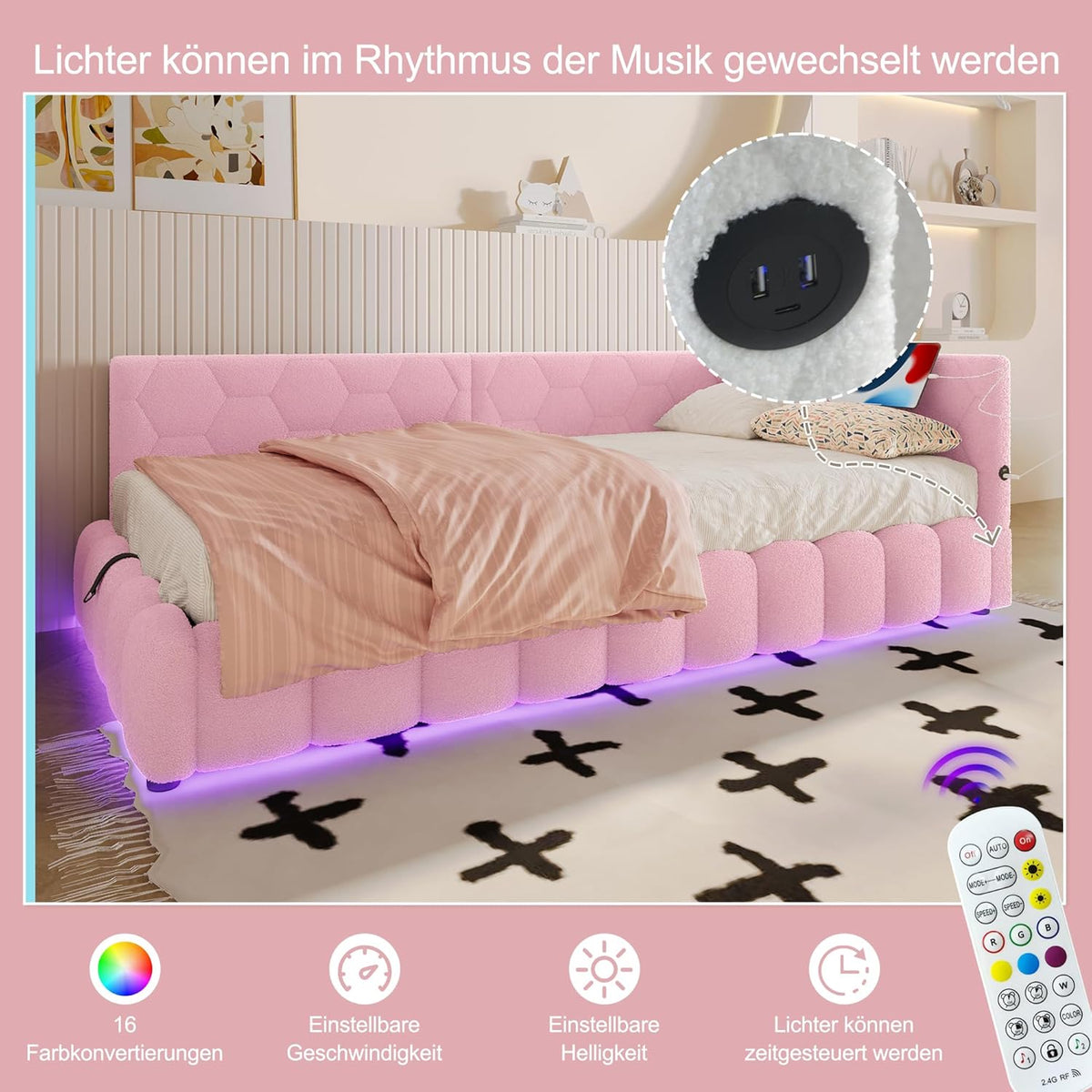 Schlafsofa Polsterbett 90x200 cm, Tagesbett mit USB-Anschluss und -Typ-C, Daybett mit 16 Farben Umgebungslicht, Sofabett mit Hydraulischer Stauraum, Lattenrost, Vliesimitat, Ohne Matratze, Rosa
