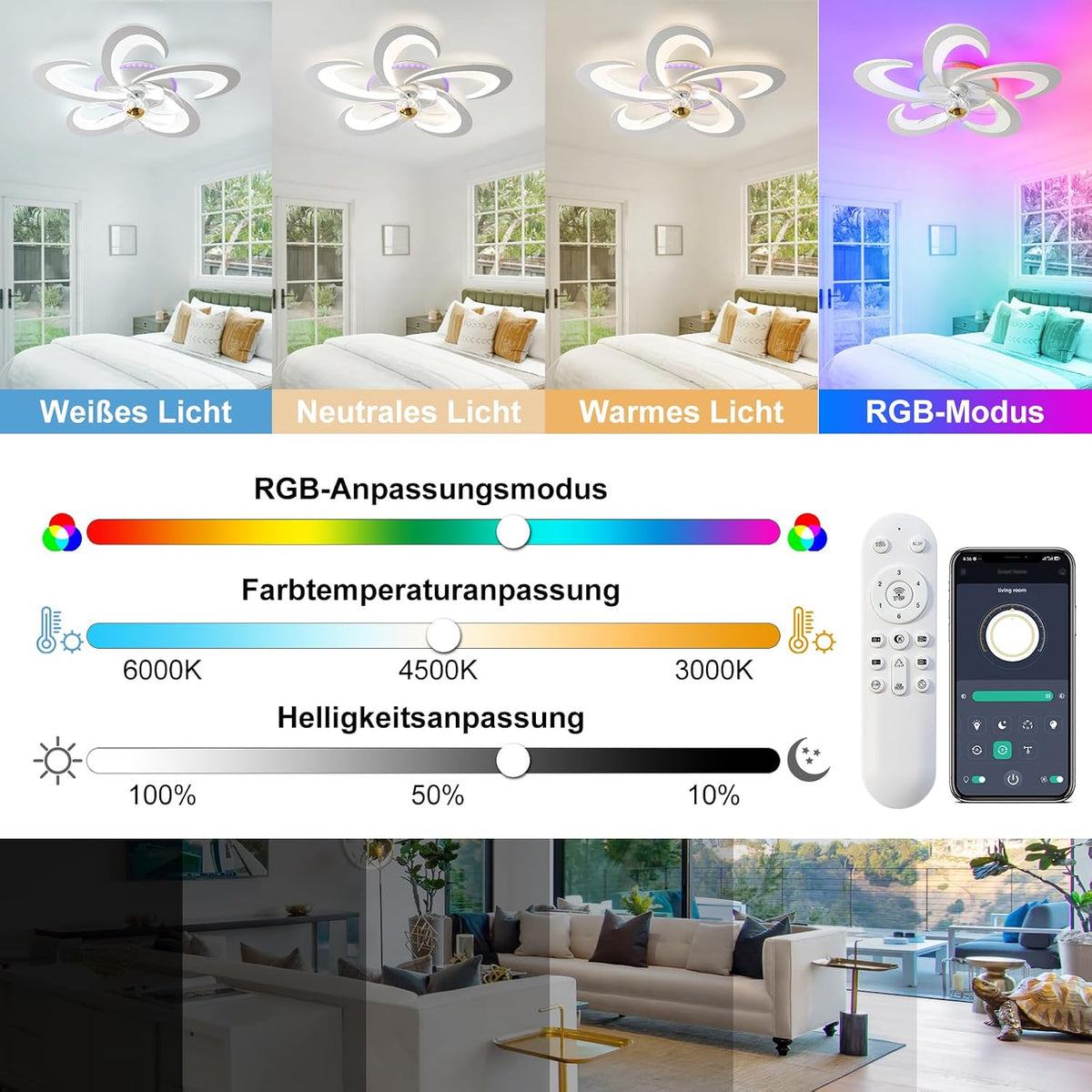 RGB Deckenlampe Mit Ventilator, Dimmbar Deckenventilator mit Beleuchtung und Fernbedienung/APP, RGB Deckenventilator mit Lampe für Schlafzimmer, Wohnzimmer, Leise, 6-Speed