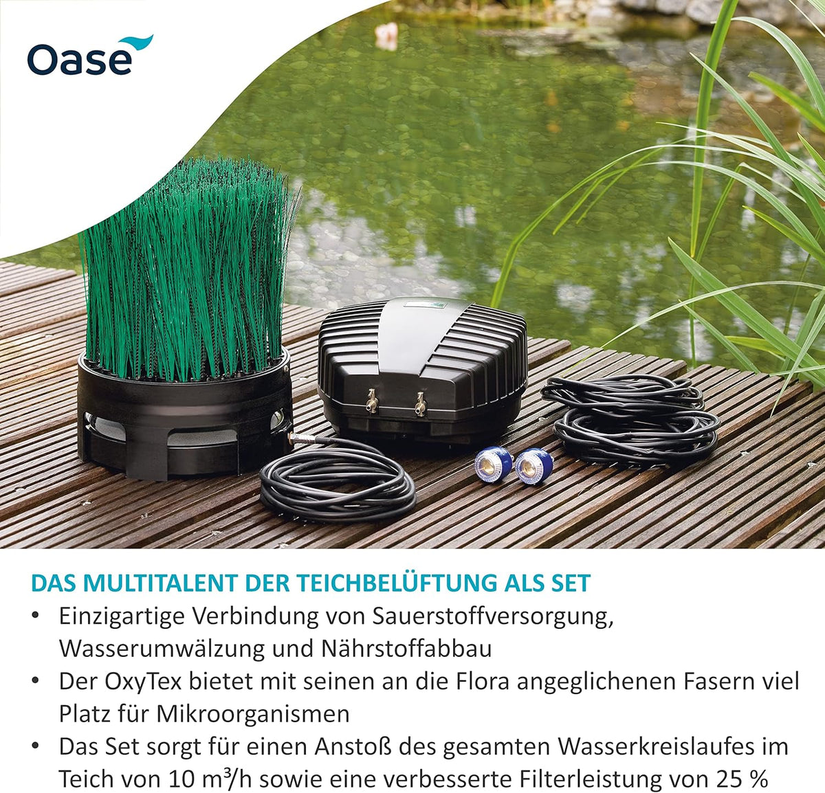 OASE 50249 Teichbelüfter OxyTex Set 1000, Teichbelüftung, Sauerstoffversorgung, Belüftungspumpe, Filtermedium, erhöht Filterleistung um bis zu 25%