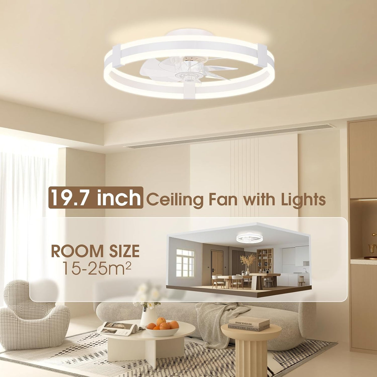 NIORSUN Ventilator Deckenleuchte,50CM LED Deckenventilator mit Beleuchtung,3 Farbtemperatur und 6 Geschwindigkeiten Deckenventilator mit Lampe,APP/Fernbedienung Dimmbar Ventilator Deckenlampe Weiß