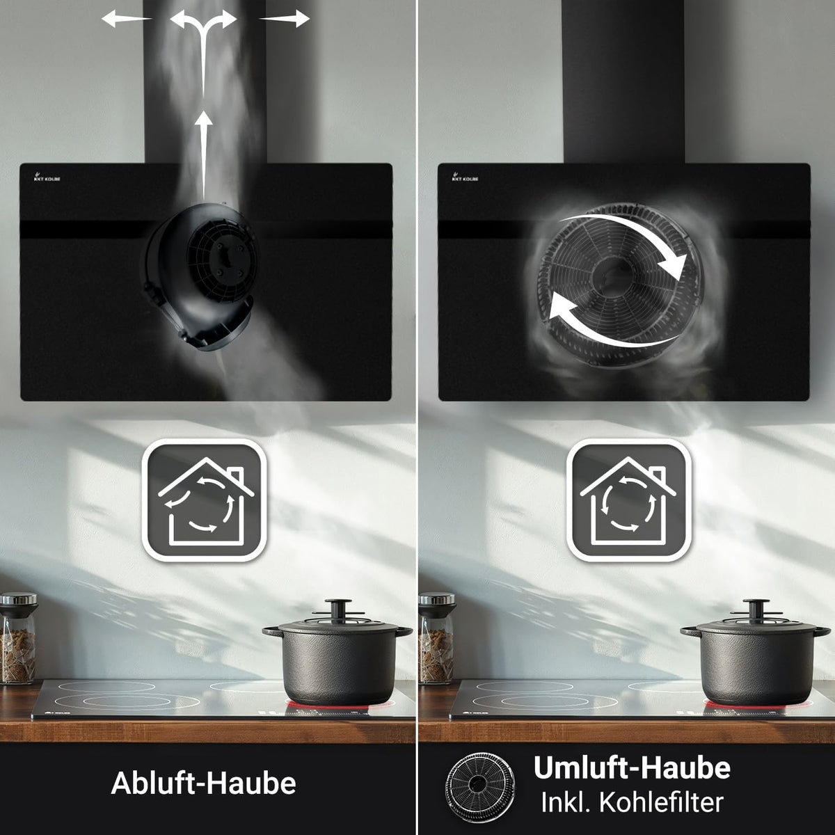 KKT KOLBE A+++ Dunstabzugshaube 80 cm 782 cbm/h Kopffreie Wandhaube Edelstahl schwarzes Glas WLAN RGBW-LED-Beleuchtung SensorTouch Bedienung STYLE8005SMAO