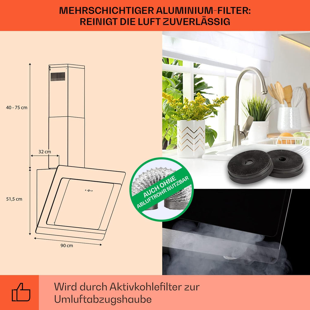 Klarstein Dunstabzugshaube 90cm, Abluft-Dunstabzugshaube, Abzugshaube mit Kohlektiv-Filter, Dunstabzug mit 563m³/h Luftstrom, Wandhauben für Küche mit RGB-LEDs, Leise Dunstabzugshauben 90 cm