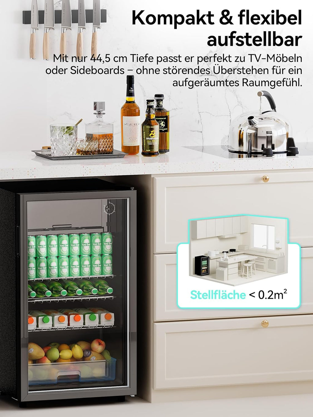 Devoko 93L Getränkekühlschrank für bis zu 130 Dosen, mit Glastür und LED-Innenbeleuchtung. Inklusive höhenverstellbarer Regale für Cola, Bier und Wein. Ideal für Haushalt und Büro in Schwarz.