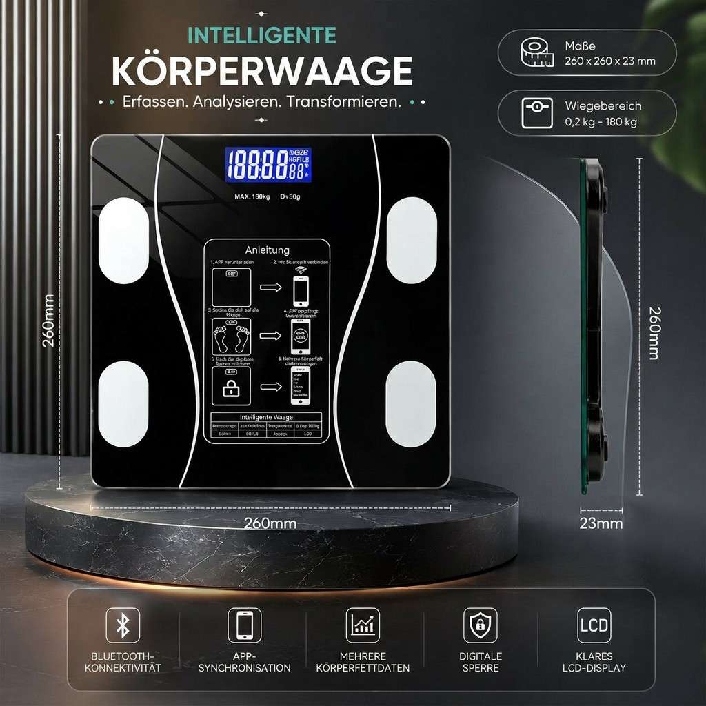 Smarte Personenwaage mit Bluetooth Körperanalyse | KörperVellum