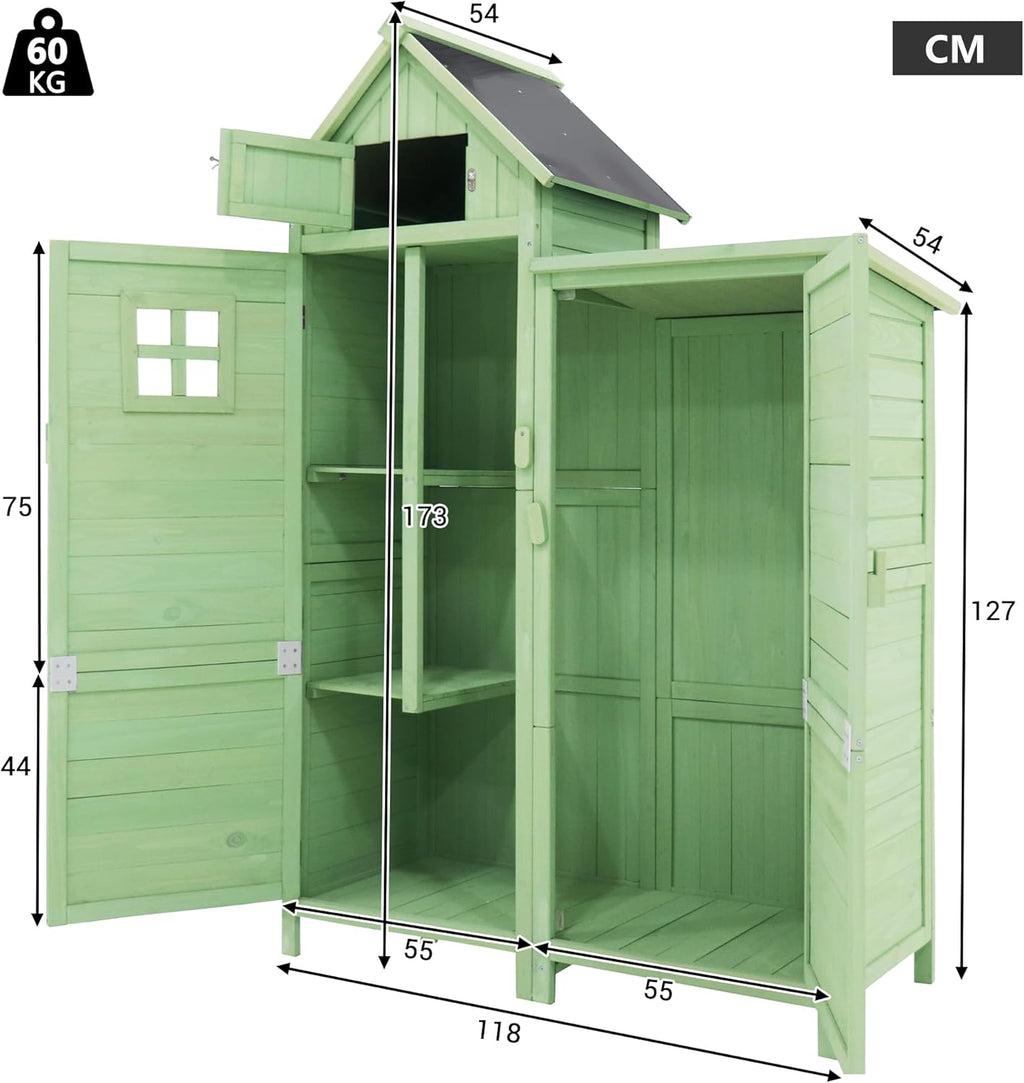 Gerätehaus Gartenschrank Geräteschuppen Geräteschrank, BxT: 118x54cm, 118X54X173cm (BxTxH), wetterfest, Holz, PVC-Dach (Set, 1 St., 1 x Geräteschrank) (Grünes)
