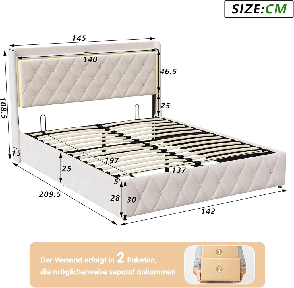 Bett 140x200 mit stauraum, Polsterbett mit LED-Kopfteil, Doppelbett mit USB und Lattenrost, Hydraulischem Stauraum und Metallrahmen, Jugendbett, Bettgestell, Boxspringbett, Samt Beige, Ohne Matratze