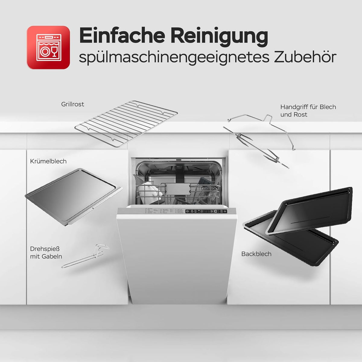 TurboTronic Minibackofen mit Umluft 45L schwarz 2000W, Drehspieß, Timer, Mini Backofen, Pizzaofen, 2 Backbleche, Grill