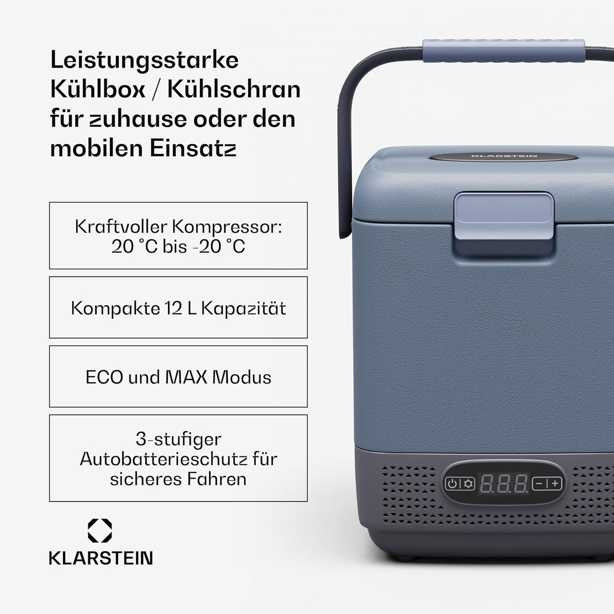 Klarstein SwiftFrost 12L Kompressor Kühlbox mit Gefrierfach – tragbare elektrische Kühlbox, LED-Anzeige, Dual Power (12 V/230 V), –20 °C bis 20 °C, ECO- und MAX-Modus, ideal für Camping und Auto