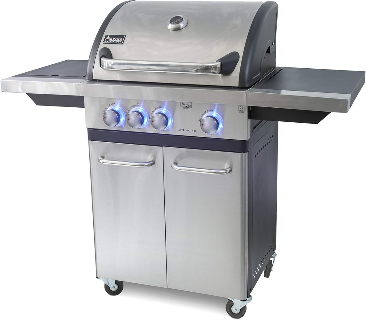 ACTIVA 3 Brenner Gasgrill "Silver Star 400" Grillwagen mit 800 Grad Infrarot Seitenbrenner, Gussrost, Deckelthermometer und zusätzlicher Ablage