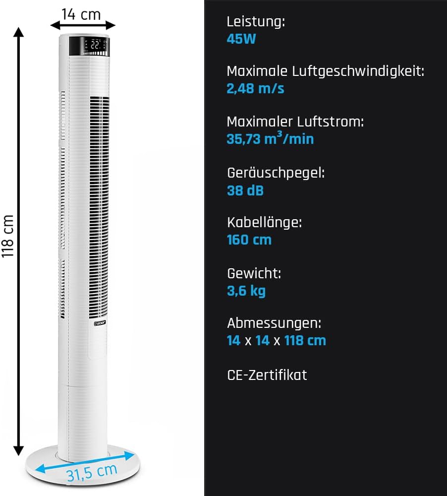 YOER Spiro TF03W, 45W, Ionisator, 4 Gebläsemodi, 90° Oszillation, 10m Reichweite, 12-Stunden-Timer, Leiser Betrieb, 3 Geschwindigkeitsstufen