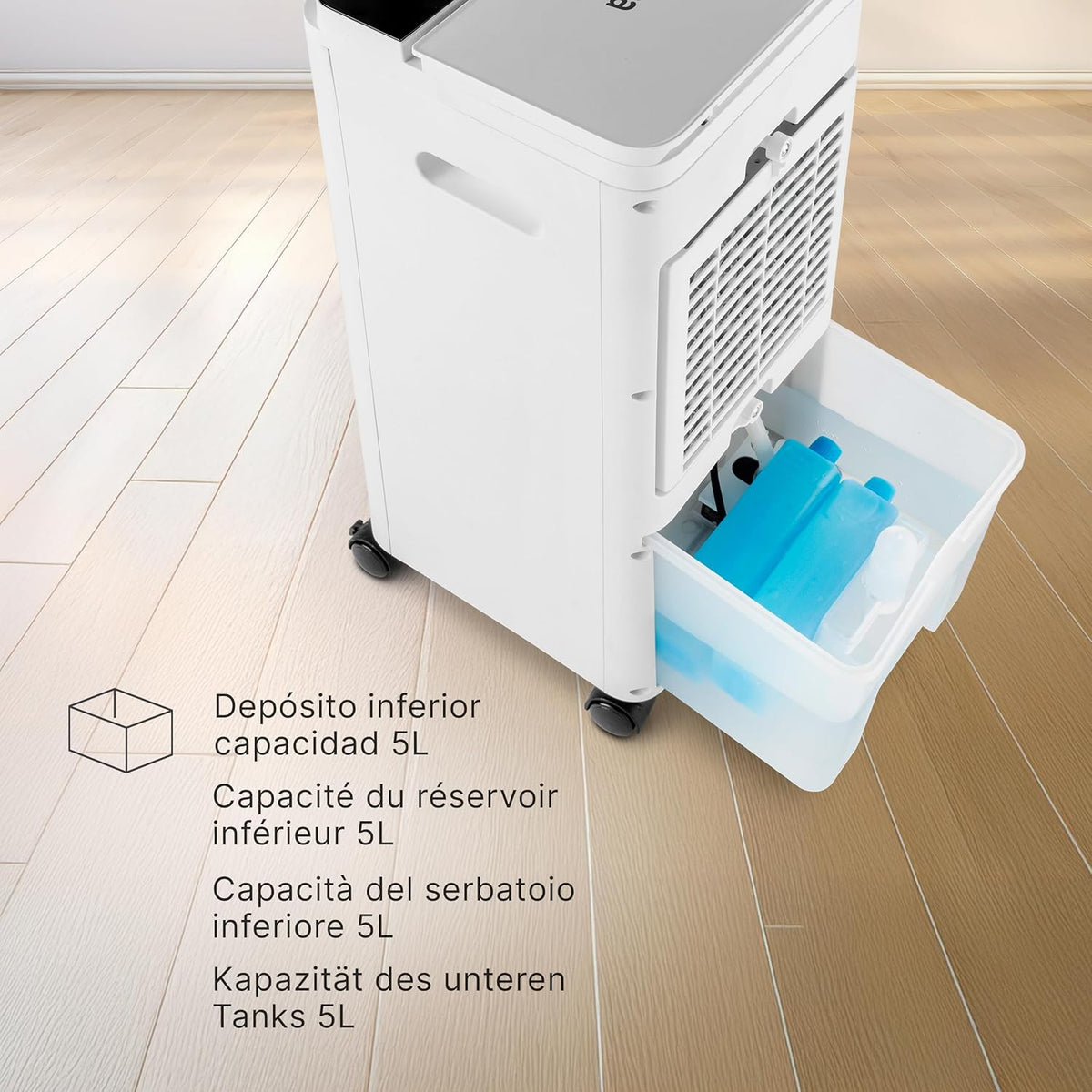 Ufesa Narvik Verdunstungskühler, 65W, Kühlfunktion und Ventilator, 3 Geschwindigkeiten, 3 Modi, Touchpanel, 5L Wassertank, 12h Timer, Waschbarer Filter, 2 Kühlakkus, Fernbedienung