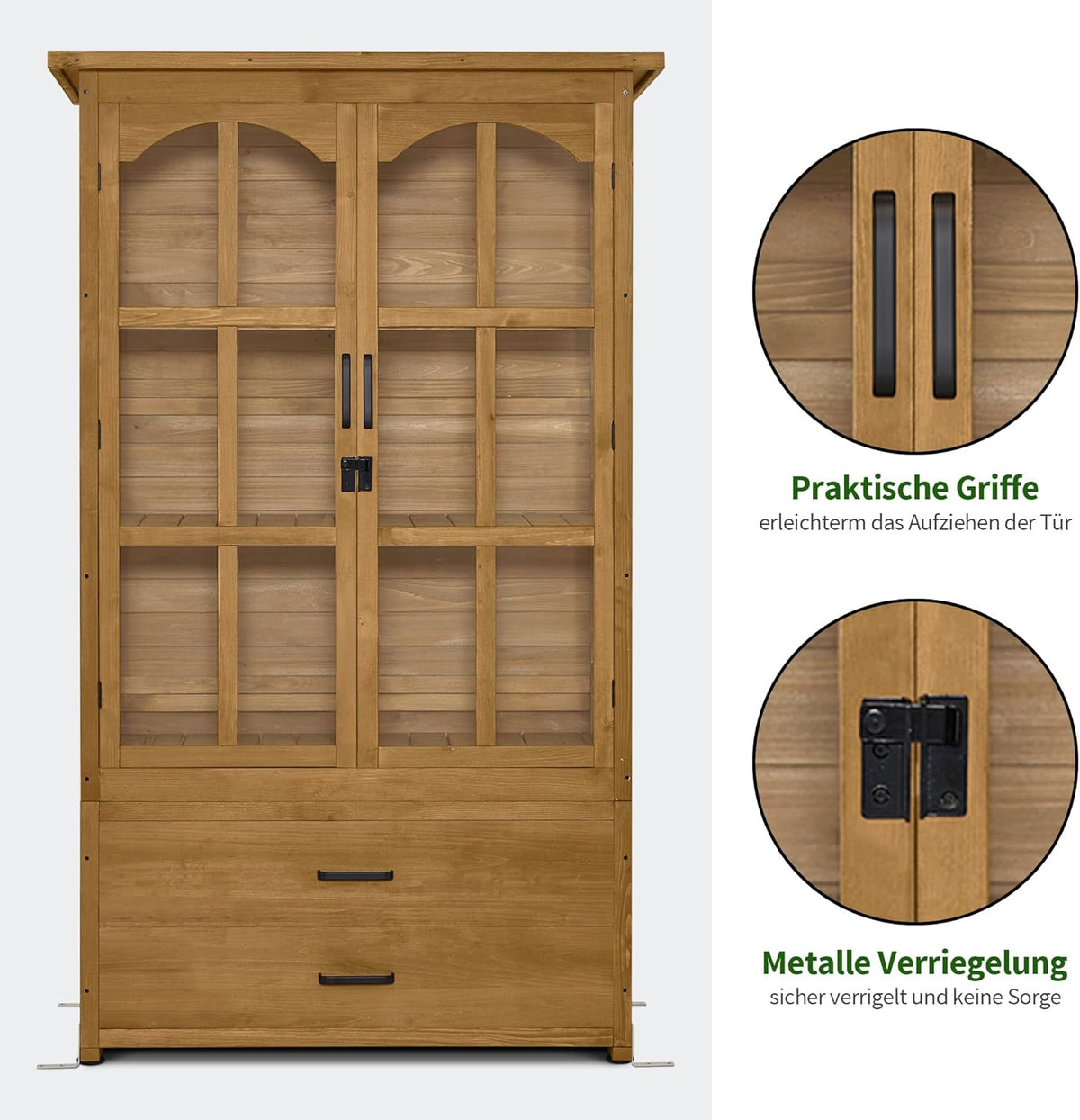 M MCombo Gartenschrank Gartenhaus Holz Wetterfest, Geräteschrank Gerätehaus Outdoor, für Außenbereich Balkon Terrasse, Gartenhütte mit 2 Bewegliche Regale, 58×107×180 cm, 1155 (Natur)