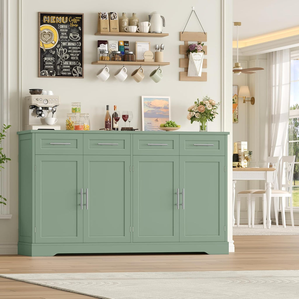 HOCSOK Sideboard, 150cm Breit Küchenschrank mit Arbeitsplatte, Kommode Küche mit 4 Türen und 4 Schubladen, Küchenbuffet Buffetschrank Anrichte mit Griffen für Wohnzimmer Küche Esszimmer