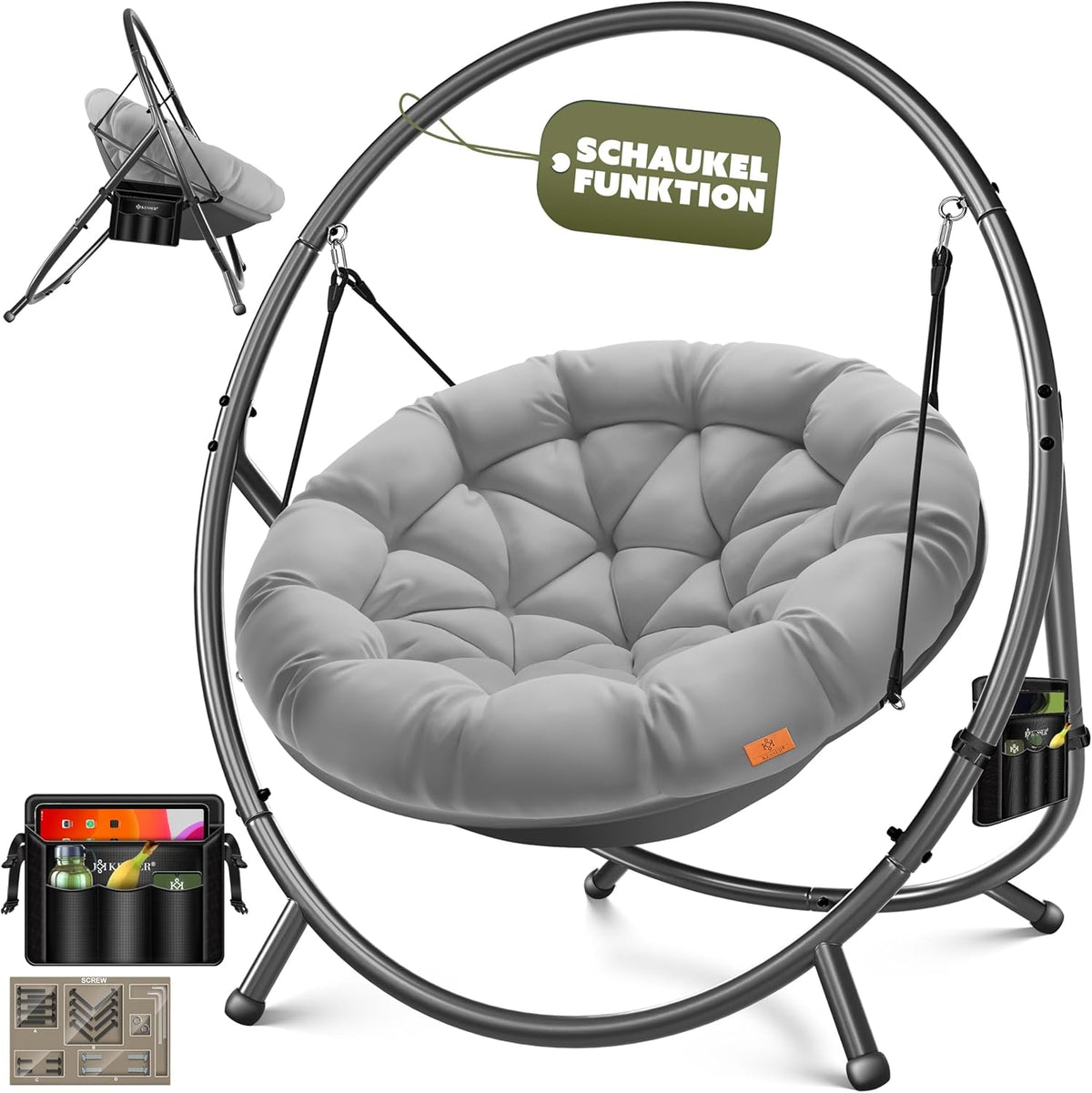 KESSER® Hängesessel mit Gestell Bali Hängeschaukel Hängestuhl bis 150kg für Indoor und Outdoor + Kissen & Seitentasche Hängekorb Stahlgestell & Schaumstoff Sitzpolster