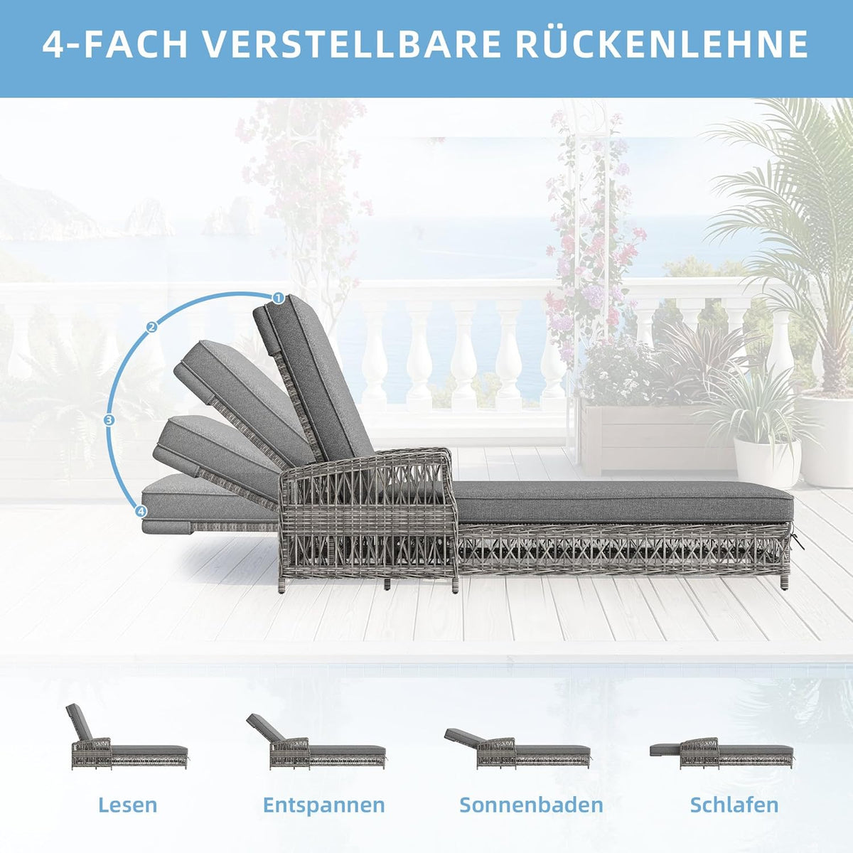 Ball & Cast Gartenliege 2 Personen aus Rattan, Liege mit 4-Fach Verstellbarer Rückenlehne und Bequemer Auflage, 2er Set, 192 x 70 x 83 cm, Grau