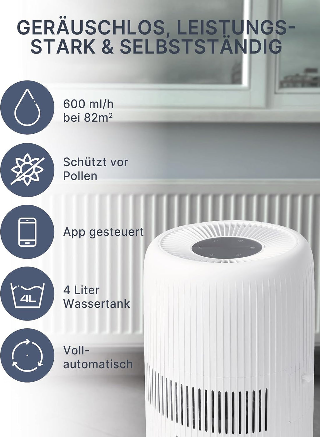 Comedes Umecto 600, für Räume bis 82m², Kaltverdunstung, Tank 4 l, Befeuchtungsleistung bis zu 600 ml/h, 7 Farben Luftfeuchtigkeitsindikator, Automatikmodus, Smart-Home fähig