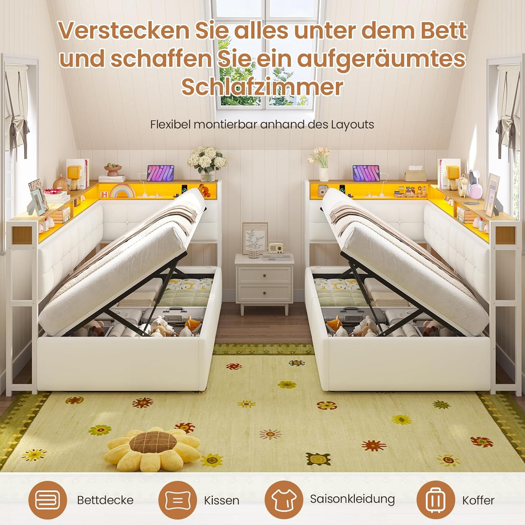 DICTAC Jugendbett 90x200 mit Stauraum, LED & Ladestation | Polsterbett mit hydraulischem Stauraum, zweistöckiges Ablagefach | Tagesbett Einzelbett in weiß– für Kinder, Jugendliche & Erwachsene