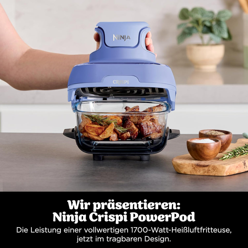 Ninja CRISPi Tragbare Heißluftfritteuse, 3,8 l & 1,4 l, 4-in-1: Heißluftfrittieren, Braten, Warmhalten, Aufknuspern, kompakt, 6 Portionen, 2 Glasbehälter & Deckel, 1700 W, Hellflieder FN101EUPR