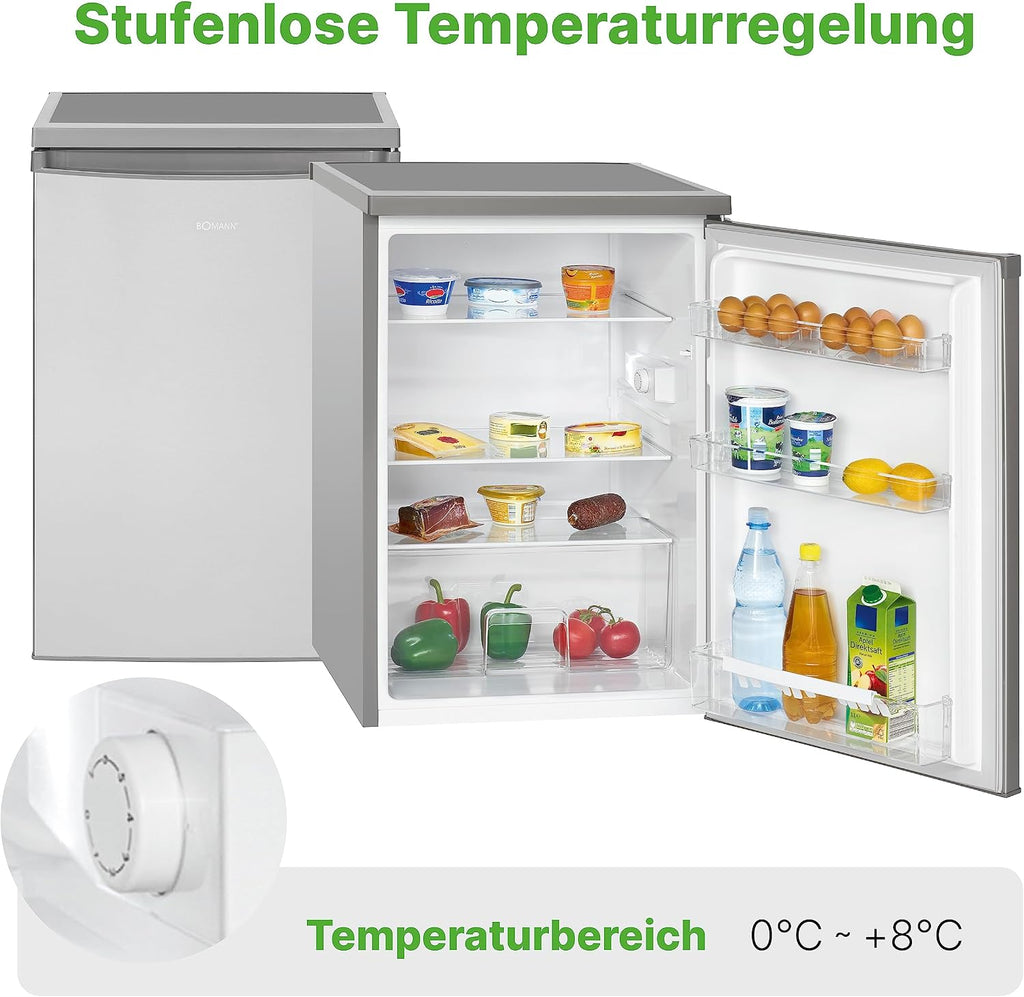 Bomann® Kühlschrank ohne Gefrierfach mit 133L Nutzinhalt | 3 Ablagen | klein m. Gemüsefach & wechselbarem Türanschlag | Tischkühlschrank leise | H:84.5 x B:56 x T: 57.5cm | VS 2185.1 inox