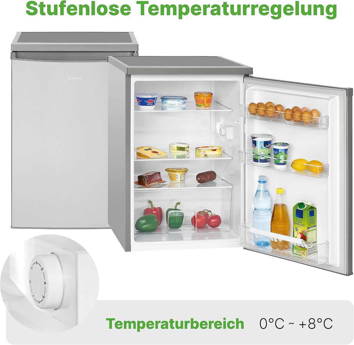 Bomann® Kühlschrank ohne Gefrierfach mit 133L Nutzinhalt | 3 Ablagen | klein m. Gemüsefach & wechselbarem Türanschlag | Tischkühlschrank leise | H:84.5 x B:56 x T: 57.5cm | VS 2185.1 inox