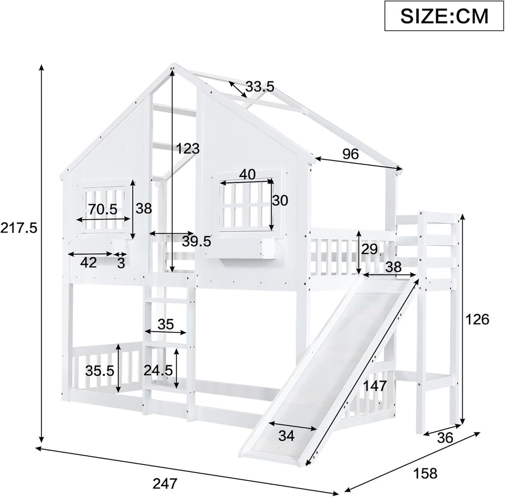 Etagenbett Kinderbett 90x200, Hochbett Hausbett für 2 Kinder, Stockbett mit Rutsche&Leiter&Fenstern&Dach&Aufbewahrungsbox, Doppelbett Holzbett mit Lattenrost&Rausfallschutz, Kiefer, Ohne Matratze,Weiß