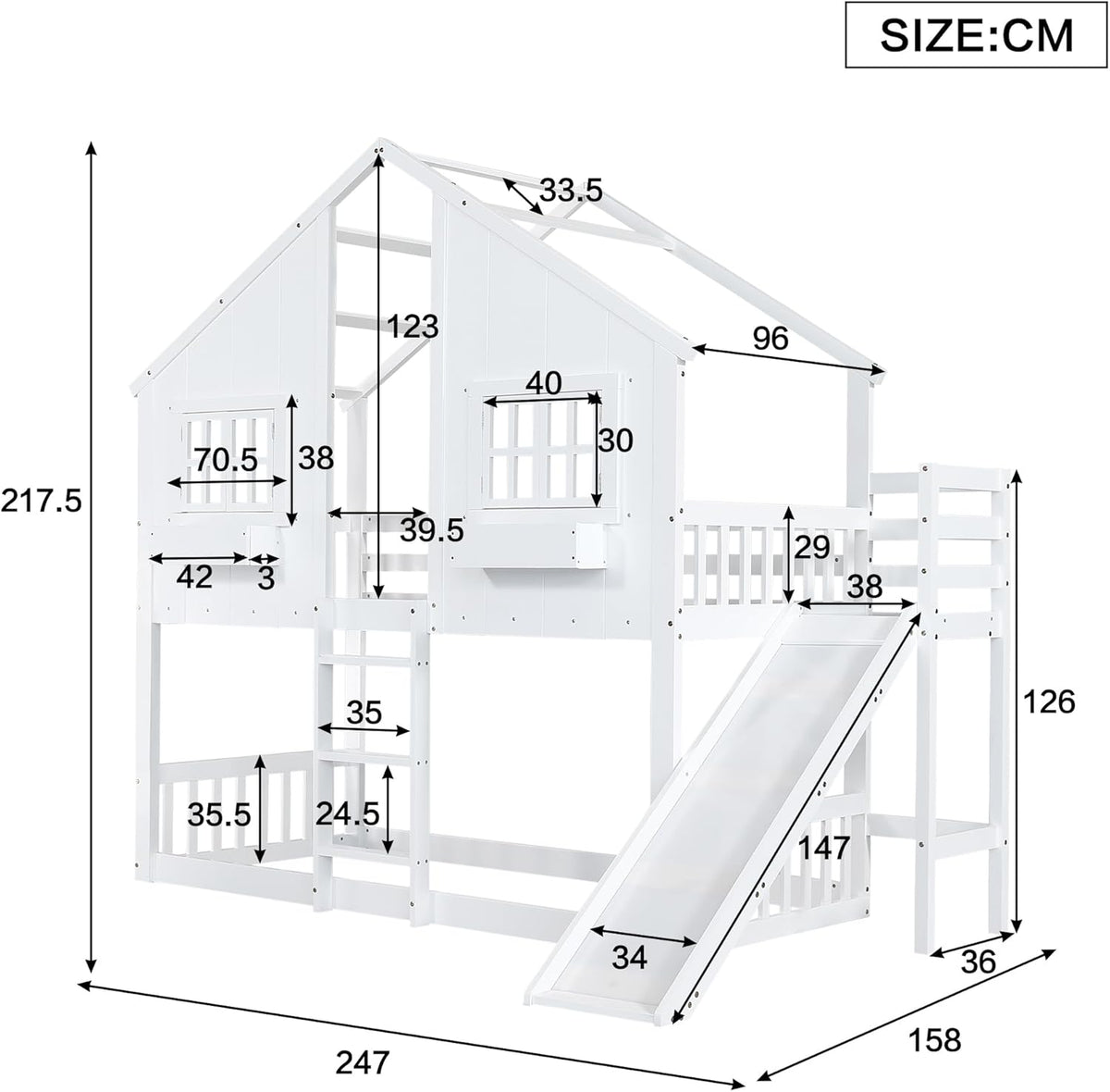 Etagenbett Kinderbett 90x200, Hochbett Hausbett für 2 Kinder, Stockbett mit Rutsche&Leiter&Fenstern&Dach&Aufbewahrungsbox, Doppelbett Holzbett mit Lattenrost&Rausfallschutz, Kiefer, Ohne Matratze,Weiß