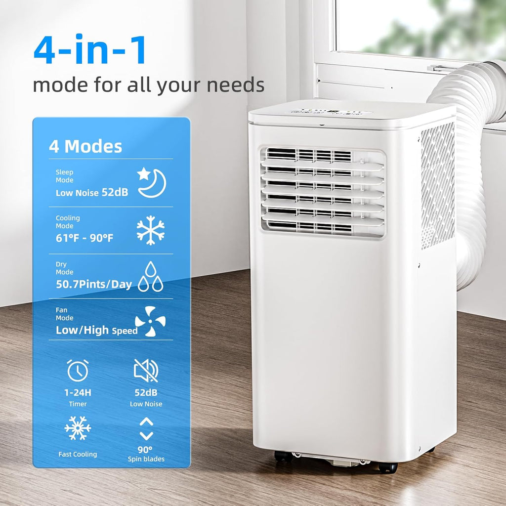 Antarctic Star 8000 BTU Tragbare Klimaanlage, 4-in-1 AC-Einheit mit Kühlung, Luftentfeuchter & Lüftermodi, Schlafmodus, 24H Timer & Fernbedienung, bewegliche Räder & Fensterinstallationsset