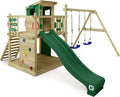WICKEY Spielturm Klettergerüst Smart Camp mit Schaukel & grüner Rutsche, Outdoor Kinder Kletterturm mit Sandkasten, Leiter & Spiel-Zubehör für den Garten