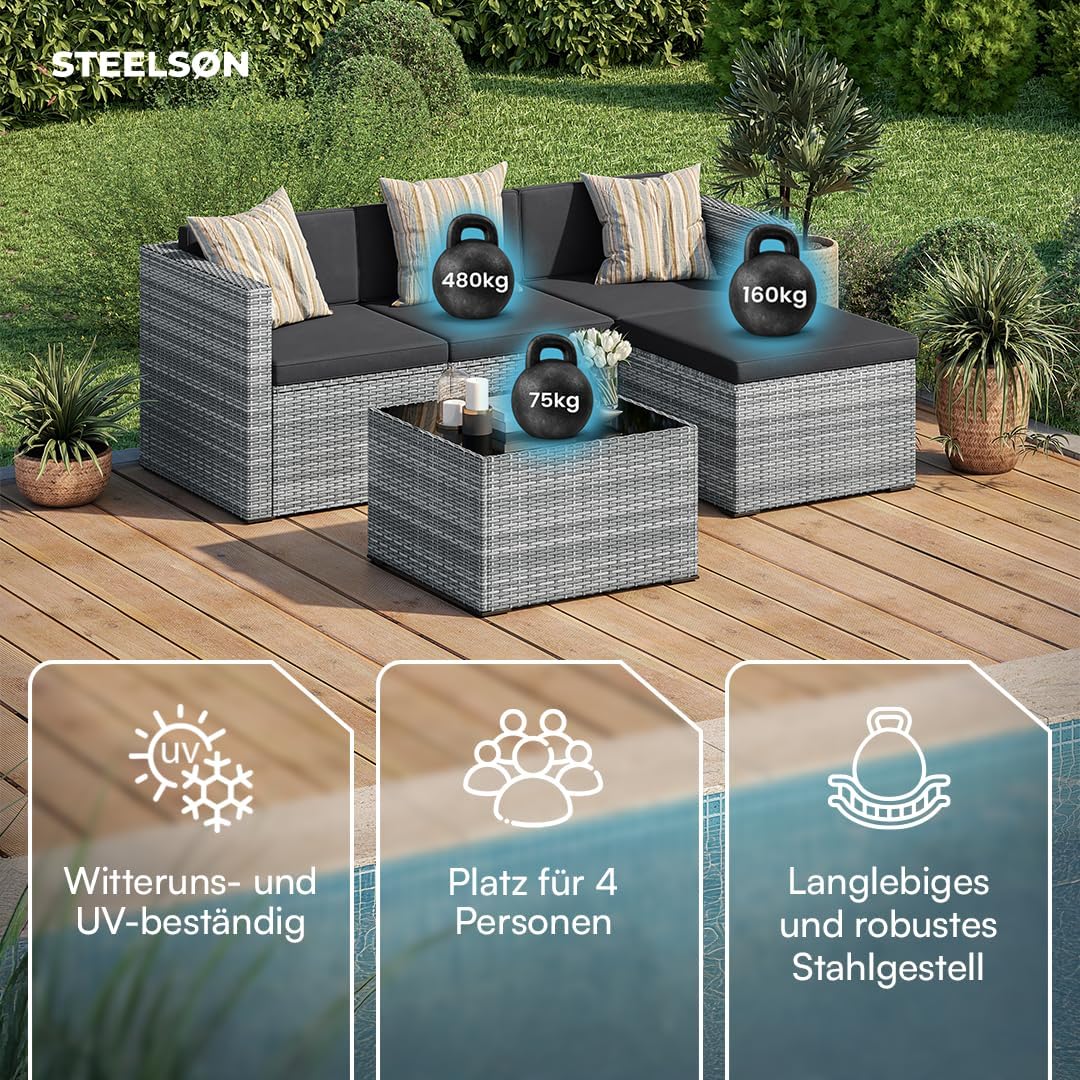 STEELSØN Zethora Rattan Gartenmöbel Set 3-TLG. – Outdoor Sitzgruppe für Garten/Terrasse/Balkon – Gartenlounge mit 3er-Sofa, Hocker & Tisch – Sitzgarnitur Set grau/anthrazit für 4 Personen