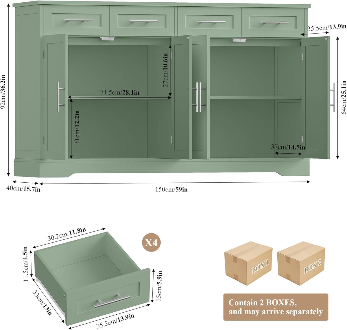 HOCSOK Sideboard, 150cm Breit Küchenschrank mit Arbeitsplatte, Kommode Küche mit 4 Türen und 4 Schubladen, Küchenbuffet Buffetschrank Anrichte mit Griffen für Wohnzimmer Küche Esszimmer