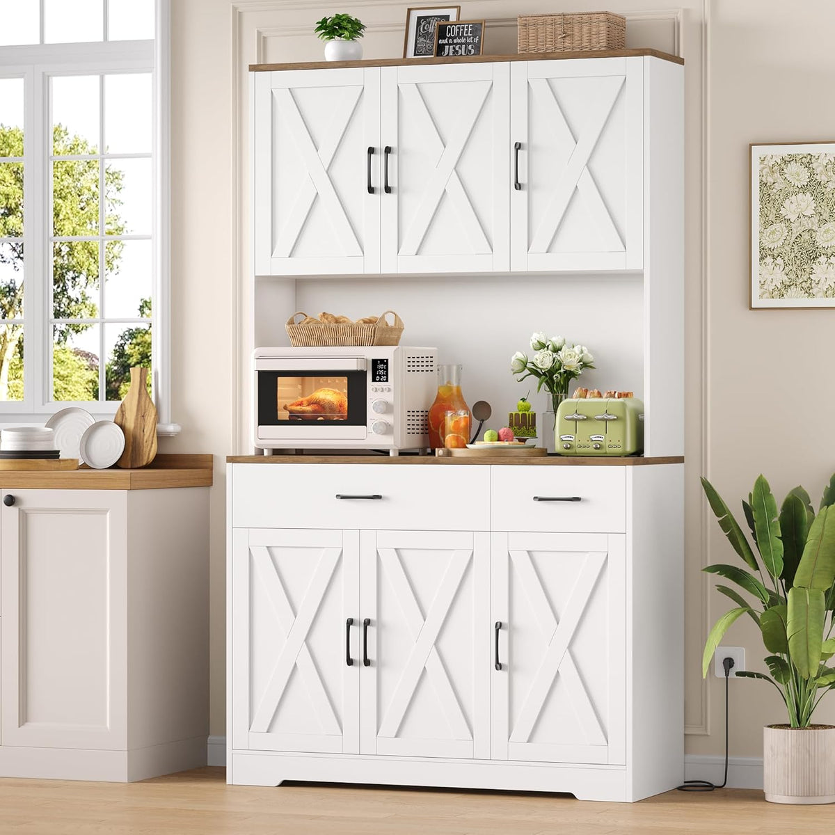 HOCSOK Küchenschrank 105x180 cm (BxH), Buffetschrank Weiß, Sideboard mit Steckdosen, Verstellbare Einlegeböden, Arbeitsplatten und 2 Schubladen, Vorratsschrank für Küche, Wohnzimmer, Esszimmer