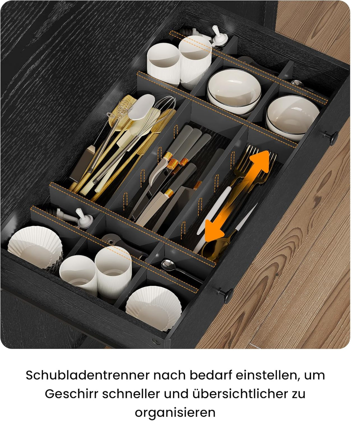 Küchenschrank mit Arbeitsplatte, Sideboard mit LED, Steckdose, Buffetschrank mit Schubladen, Verstellbaren Ablagen, Großer Stauraum, Küche, Wohnzimmer, Esszimmer, 103.5*40*180 cm, Schwarz