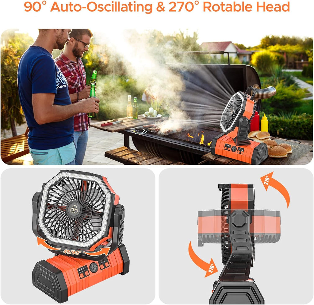 Wiederaufladbarer Camping-Ventilator mit LED-Laterne, 20.000 mAh, automatisch oszillierend, batteriebetrieben, Schreibtischventilator mit Fernbedienung/Haken/Timer, 20.3 cm, Stromausfälle, Hurricane
